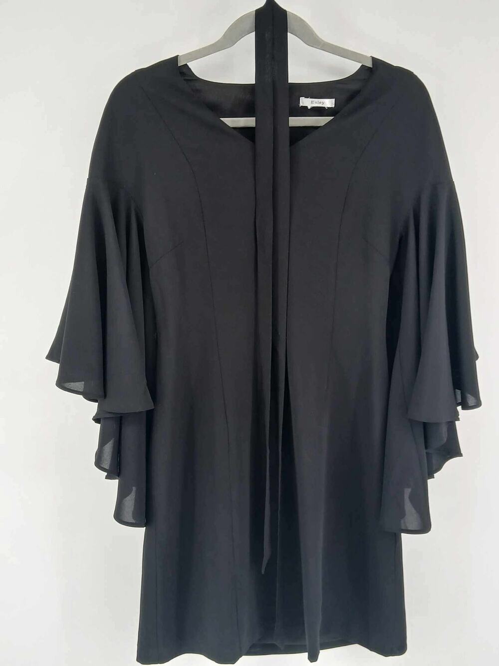 Esley, black tiered bell sleeve cocktail dress